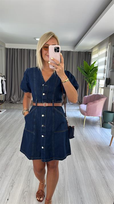 Taba Kemerli Önden Düğmeli Denim Elbise