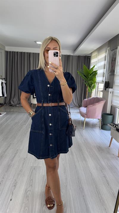 Taba Kemerli Önden Düğmeli Denim Elbise