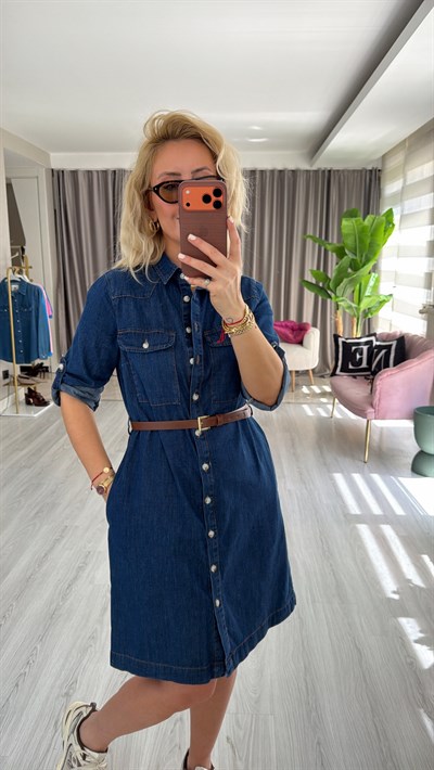Taba Kemerli Önden Düğmeli Pamuklu Jean Elbise
