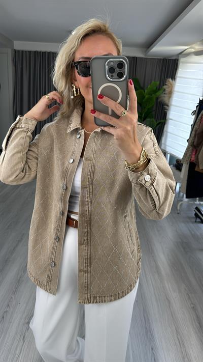 Taş Baklava Desenli Bej Jean Gömlek