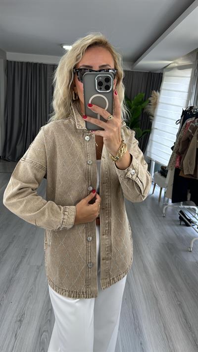 Taş Baklava Desenli Bej Jean Gömlek