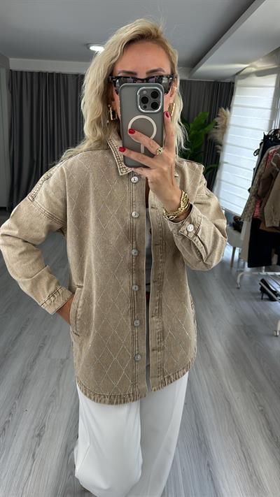 Taş Baklava Desenli Bej Jean Gömlek