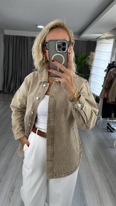 Taş Baklava Desenli Bej Jean Gömlek