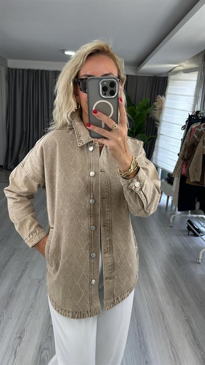 Taş Baklava Desenli Bej Jean Gömlek