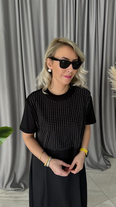 TAŞ BASKILI SİYAH TİŞÖRT