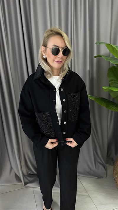 TAŞ DETAYLI SİYAH JEAN CEKET