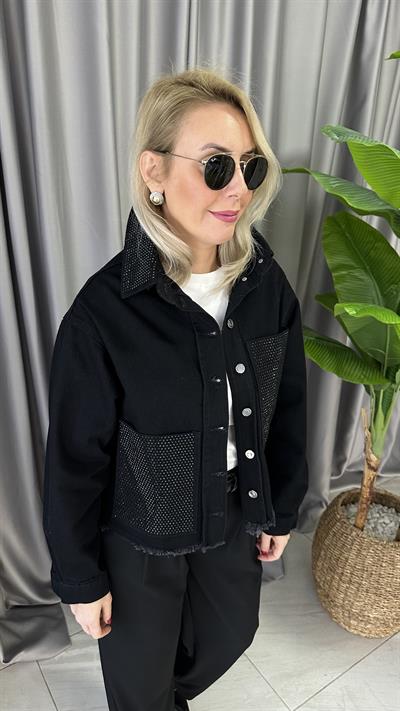 TAŞ DETAYLI SİYAH JEAN CEKET