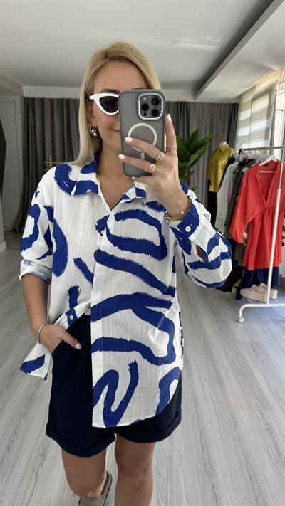 TAŞ İŞLEMELİ %100 COTTON LACİVERT BEYAZ GÖMLEK