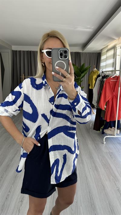 TAŞ İŞLEMELİ %100 COTTON LACİVERT BEYAZ GÖMLEK