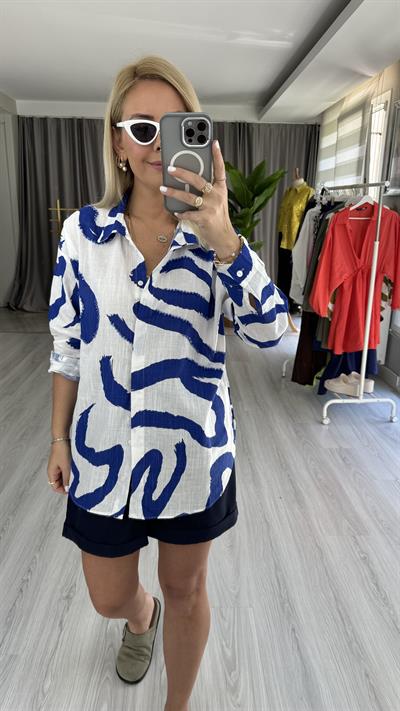 TAŞ İŞLEMELİ %100 COTTON LACİVERT BEYAZ GÖMLEK