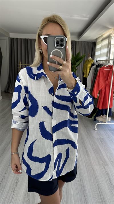 TAŞ İŞLEMELİ %100 COTTON LACİVERT BEYAZ GÖMLEK