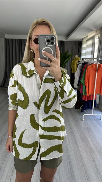 TAŞ İŞLEMELİ %100 COTTON YEŞİL BEYAZ GÖMLEK