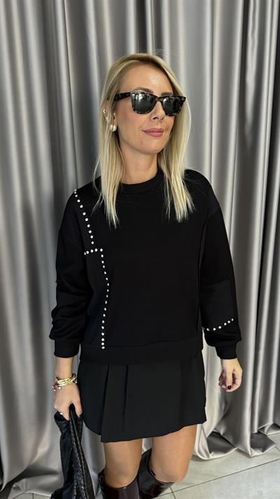 Taş İşlemeli Siyah Modal Sweatshirt