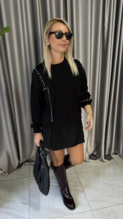 Taş İşlemeli Siyah Modal Sweatshirt