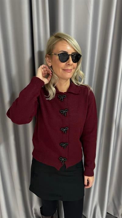 Taş Kurdele Detaylı Bordo Triko Hırka