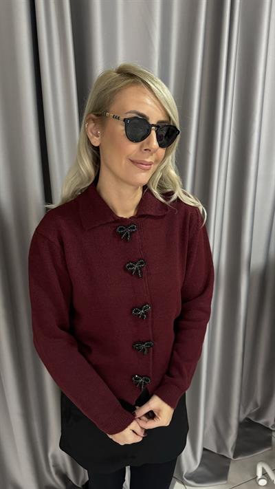 Taş Kurdele Detaylı Bordo Triko Hırka