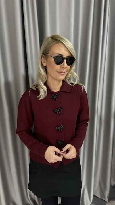 Taş Kurdele Detaylı Bordo Triko Hırka