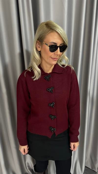 Taş Kurdele Detaylı Bordo Triko Hırka