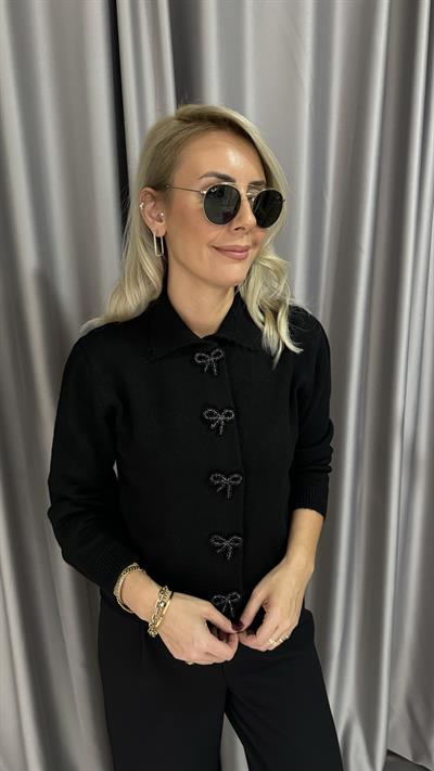 Taş Kurdele Detaylı Siyah Triko Hırka