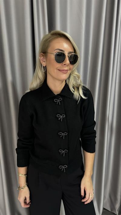 Taş Kurdele Detaylı Siyah Triko Hırka