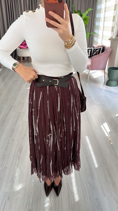 Tasarım Kemerli Kraşlı Beli Lastikli Kahve Etek