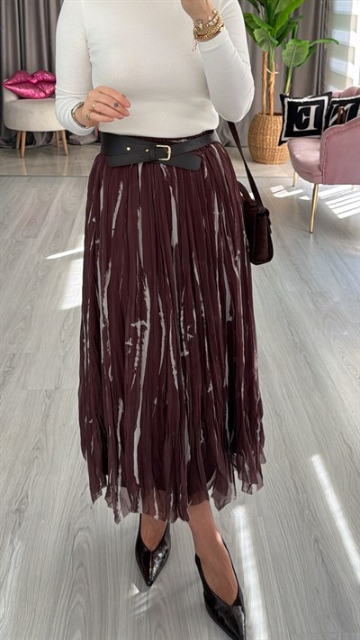 Tasarım Kemerli Kraşlı Beli Lastikli Kahve Etek