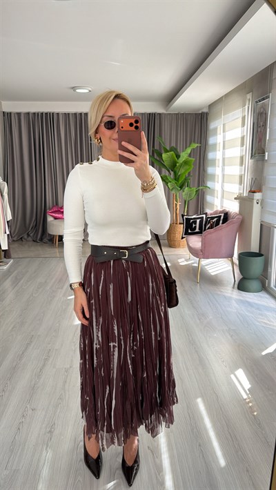 Tasarım Kemerli Kraşlı Beli Lastikli Kahve Etek