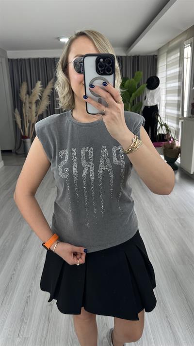 TAŞLI PARİS YAZILI ANTRASİT TİŞÖRT