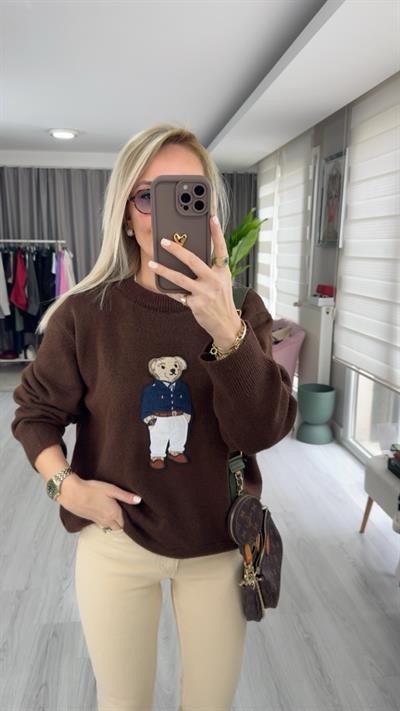 Teddy İşlemeli Acı Kahve Triko