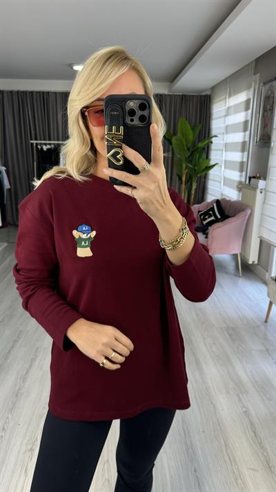 Teddy İşlemeli Bordo Sweatshirt