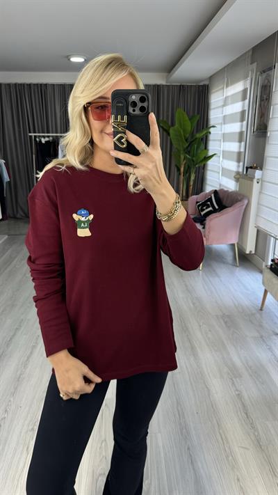 Teddy İşlemeli Bordo Sweatshirt
