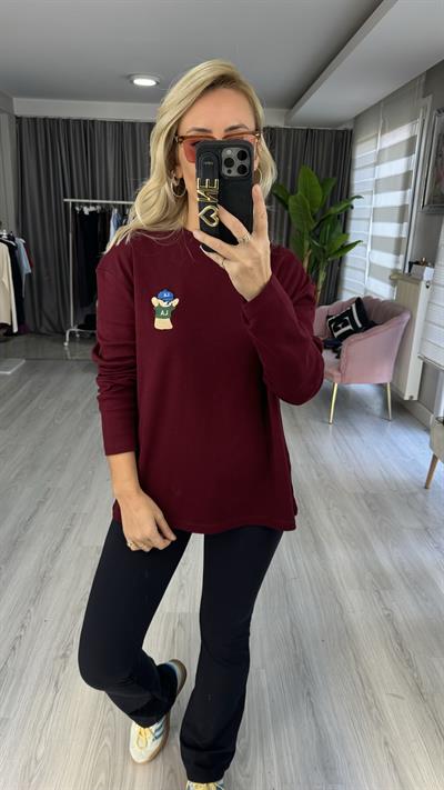 Teddy İşlemeli Bordo Sweatshirt