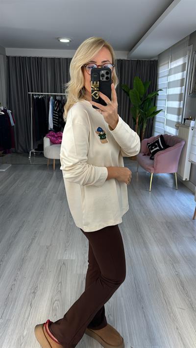 Teddy İşlemeli Ekru Sweatshirt