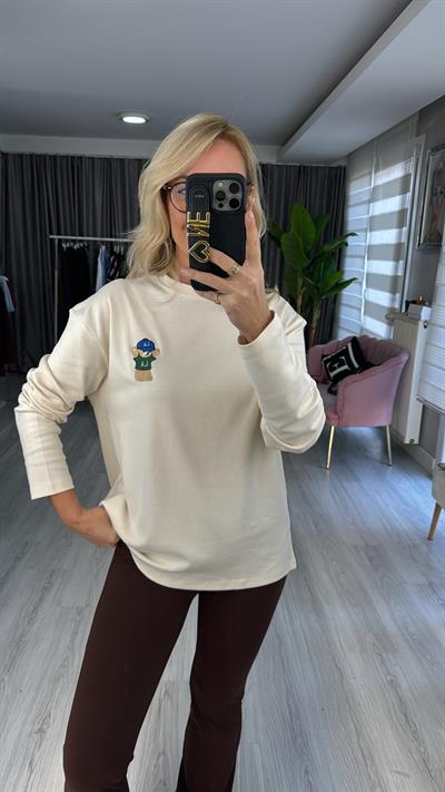 Teddy İşlemeli Ekru Sweatshirt