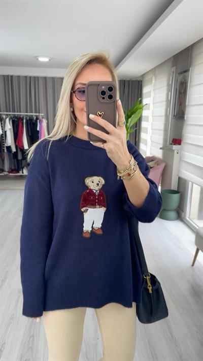 Teddy İşlemeli Lacivert Triko