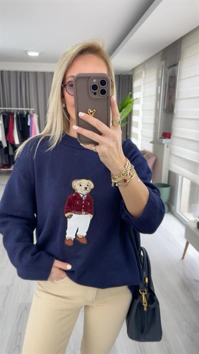Teddy İşlemeli Lacivert Triko
