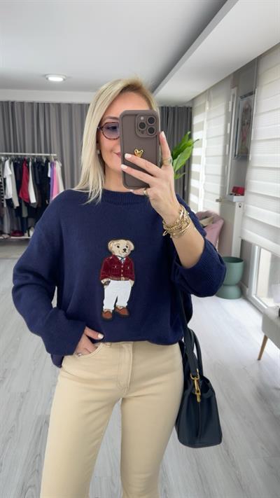 Teddy İşlemeli Lacivert Triko