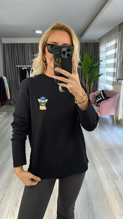 Teddy İşlemeli Siyah Sweatshirt