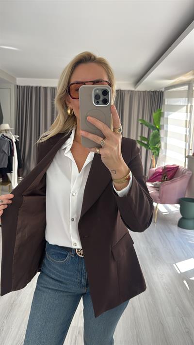 Tek Düğmeli Kapak Cepli Acı Kahve Ceket