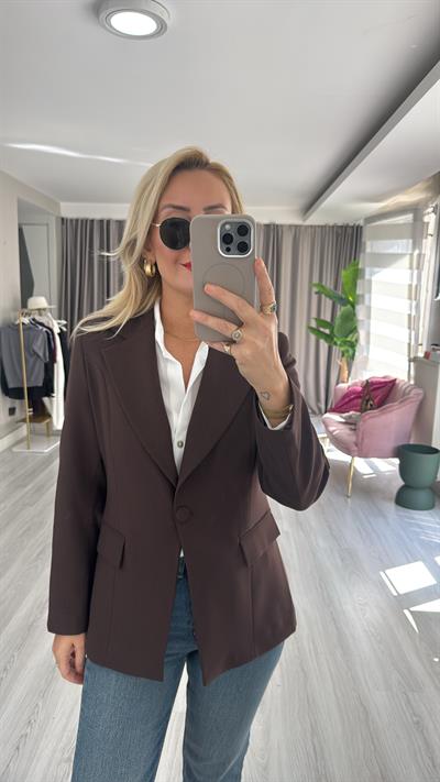 Tek Düğmeli Kapak Cepli Acı Kahve Ceket