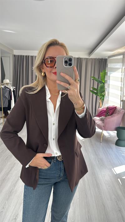 Tek Düğmeli Kapak Cepli Acı Kahve Ceket