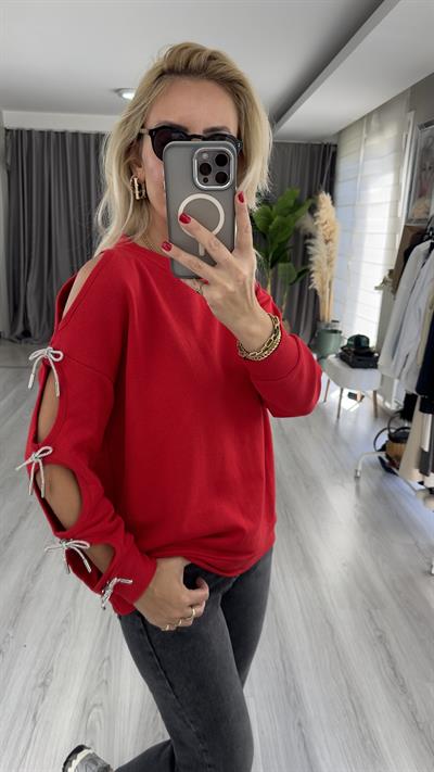 Tek Kolu Fiyonk Detaylı Kırmızı Tasarım Sweat