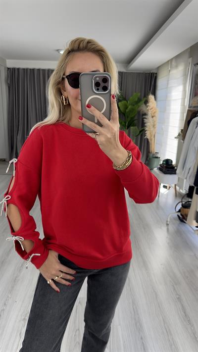 Tek Kolu Fiyonk Detaylı Kırmızı Tasarım Sweat
