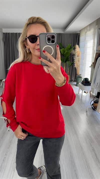 Tek Kolu Fiyonk Detaylı Kırmızı Tasarım Sweat