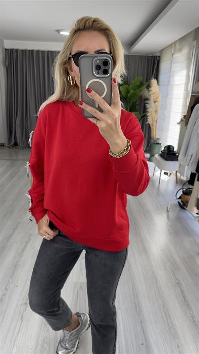 Tek Kolu Fiyonk Detaylı Kırmızı Tasarım Sweat