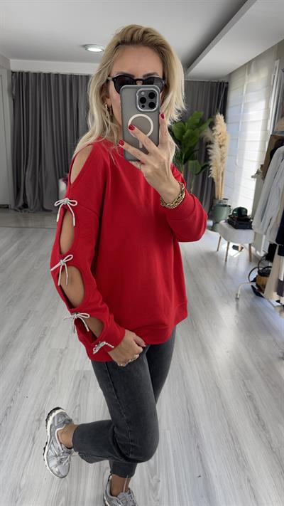 Tek Kolu Fiyonk Detaylı Kırmızı Tasarım Sweat