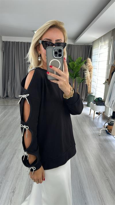 Tek Kolu Fiyonk Detaylı Siyah Tasarım Sweat