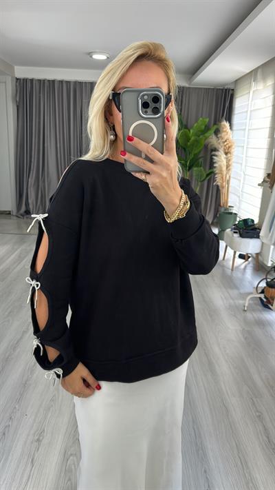 Tek Kolu Fiyonk Detaylı Siyah Tasarım Sweat