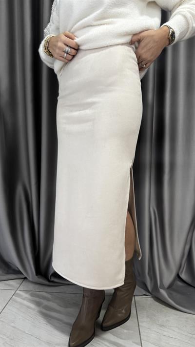 Tek Yırtmaç Detaylı Taş Süet Etek