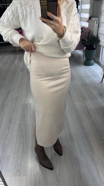 Tek Yırtmaç Detaylı Taş Süet Etek